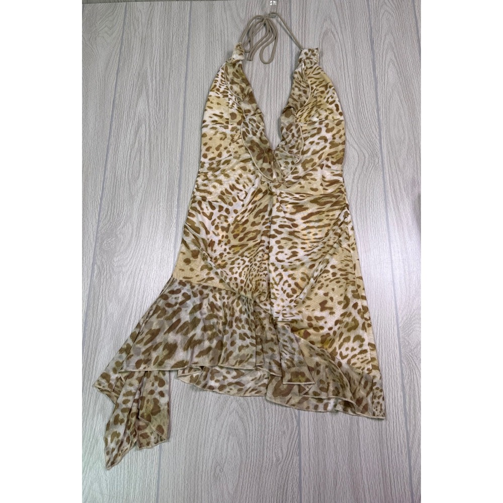 I.AM.GIA Vira Mini Dress Neutral Animal Print Mesh Halter Asymmetric Small NEW